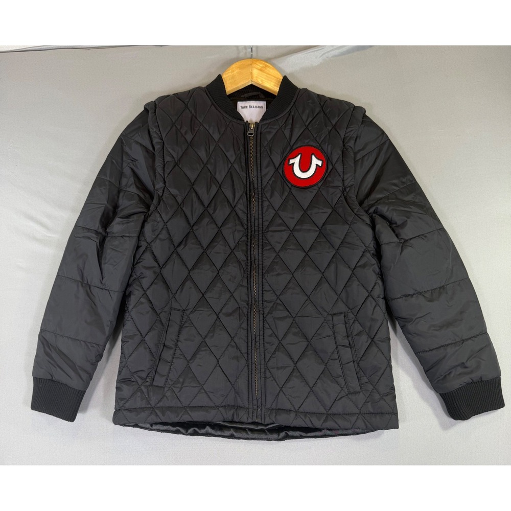 True Religion Kids Black Quilted Bomber Jacket Small Y2K Streetwear Moto Puffer